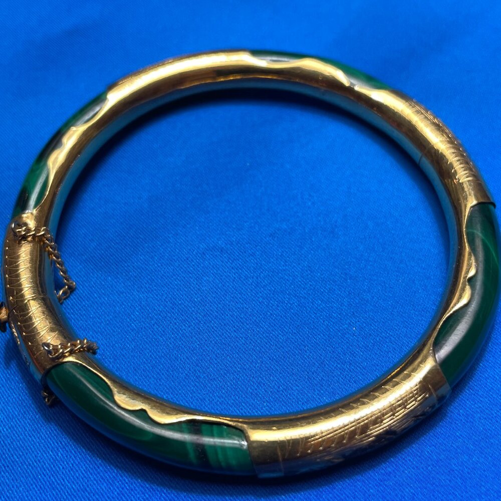 Malachite and Gold-Tone Hinged Bangle Bracelet